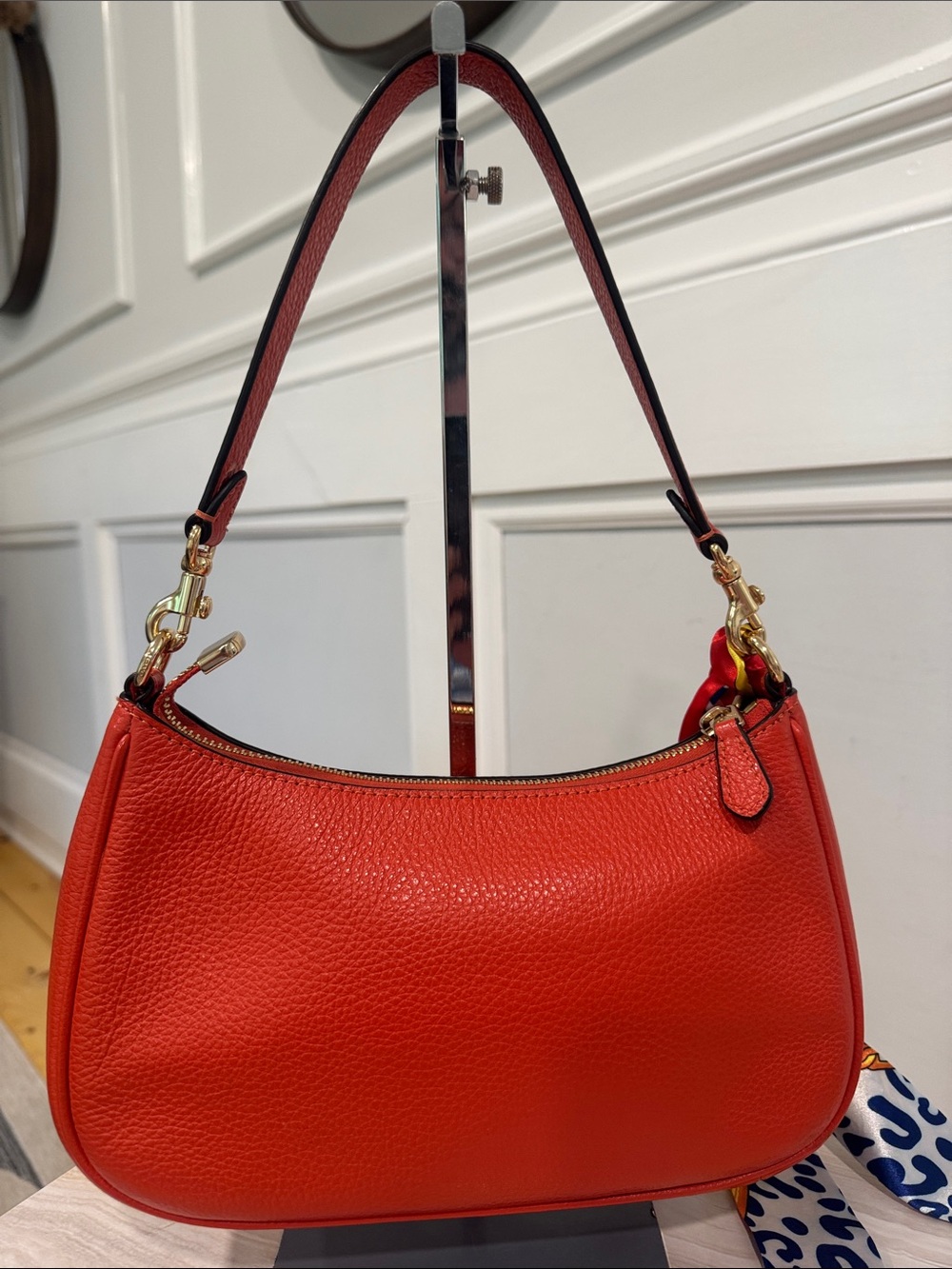Coach Bag Teri Orange Pebbled Leather Small Shoulder Bag with Scarf Accent - Picture 9 of 17